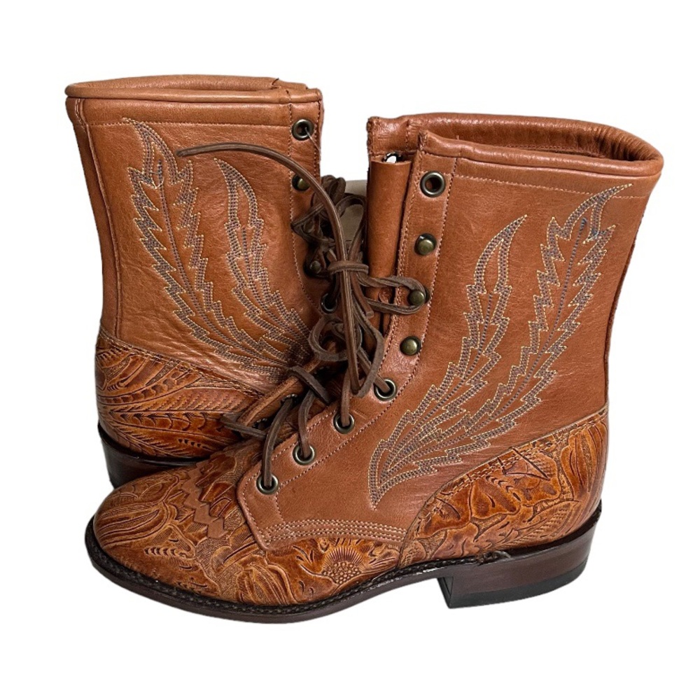 LARRY MAHAN Tooled Leather Boots Lace Up Lacers Ropers Prairie Size 5.5 NEW